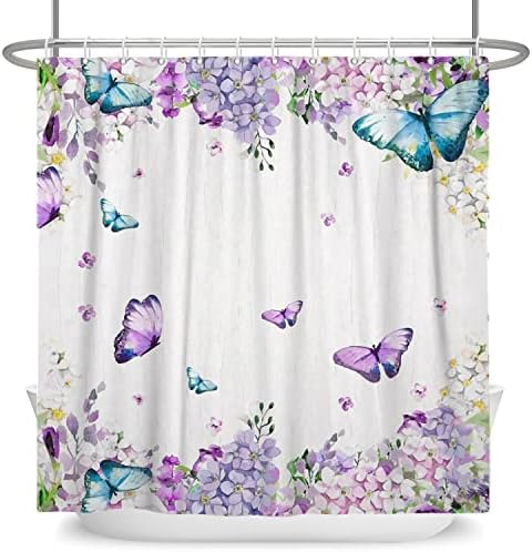 GCIREC Tavaszi Pillangó Zuhanyzó Függöny, Lila Hortenzia Virág Színes Pillangók Lányos Fürdőszoba Függöny Vízálló Szövet