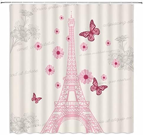 SRAUYST Rózsaszín Párizs zuhanyfüggöny Eiffel-Torony Pillangó Százszorszép Virág Vintage Modern francia Romantikus, Művészi