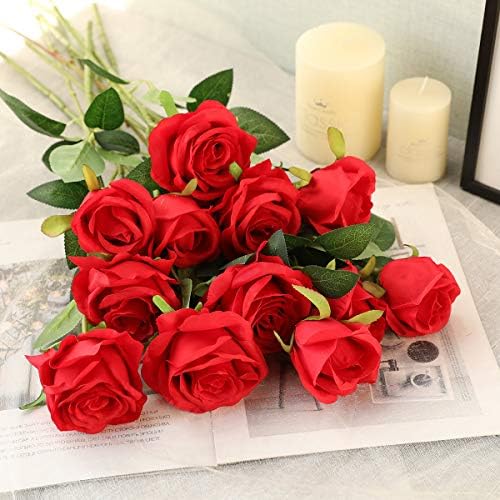 Hawesome 12DB Mesterséges Selyem Virágok Reális Rózsa Csokor Hosszú Szár Otthoni Esküvői Dekoráció Fél (Egy-Piros)