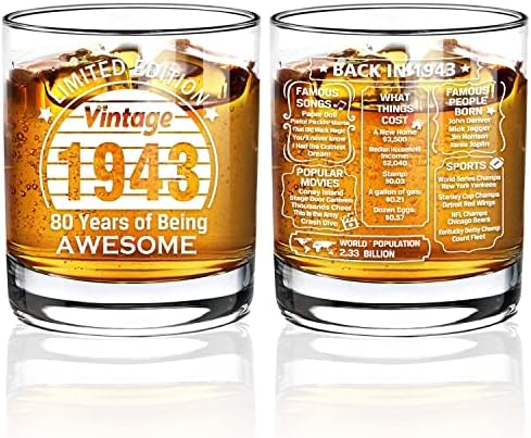 QUPT 80-adik Születésnapi Ajándékok Férfiaknak a Nők, Barátok, Régi 1943-Ban Nyomtatott 11oz Whiskys Üveg - Vicces 80 Éves