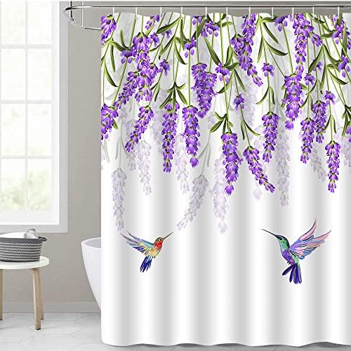 DePhoto Lila Virágos Zuhanyzó Függöny Fürdőszoba Akvarell Levendula Virág Kolibri Madár a Fa Deszka Parasztház Poliészter