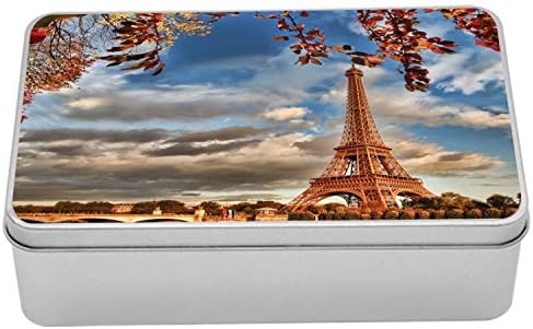 Ambesonne Párizs Doboz, Eiffel-Torony, az Őszi Szezon Őszi Levelek, valamint Felhős Égbolt, Hordozható Téglalap Fém Szervező