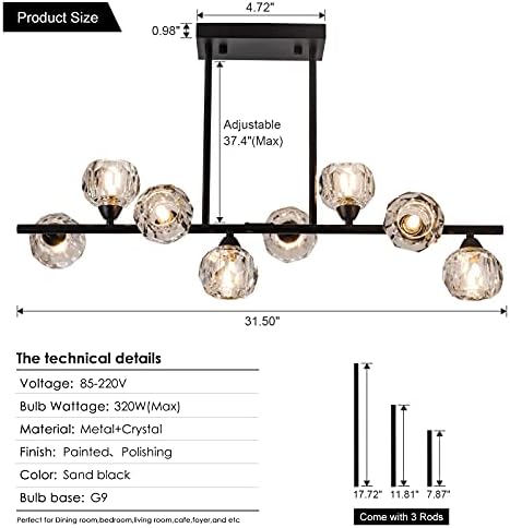 Pretoy Modern Szputnyik Csillár Étkező világítótestek Fekete Lineáris Csillár, Kristály Labdát Shade 8-Lámpák Ipari Globe
