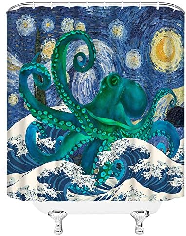 AEMBEE Tengeri Polip zuhanyfüggöny Teal Óceán Kraken Csápok Nagy Hullám, a Csillagos Ég, Van Gogh Kaland Tengeri Élet Japán