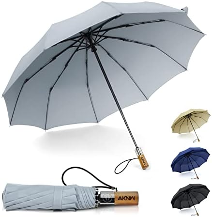 AKNW Hordozható Utazás Esernyők az Eső, Szélálló, 10 Bordák Auto Nyitva Közel Összecsukható Esernyő Fa Fogantyú, Erős Szél