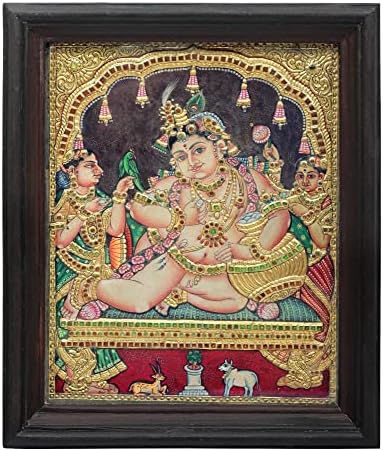 Egzotikus India 14 x 17 Navaneeta Krishna Tanjore Festmény | Hagyományos Színek, 24 karátos Arany | Tíkfa Keret | G