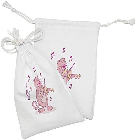 Lunarable Állati Szövet táska 2, Kövér Macskával Játszó Hegedű Zene Témájú Karikatúra Hegedűs Állat, Kis Zsinórral Táska