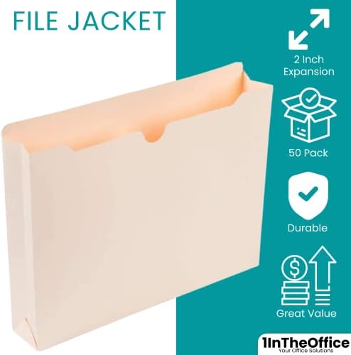 1InTheOffice Fájl Kabátok Levél Méretű, 2 Inch Terjeszkedés Bővülő Fájl Zsebbel, Manila Fájl Kabátok, Fehér, 50 Csomag