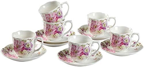 GY 12 DB Teás Készlet - 7oz Új Kínai porcelán teáscsésze, valamint Csészealjak Rózsaszín virágmintás Porcelán Csésze Kávé